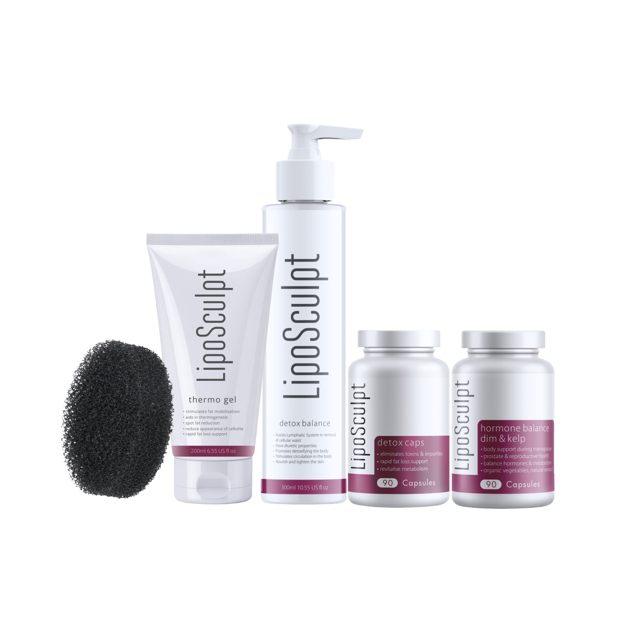 The LipoSculpt Body Shape Set includes the best-selling Thermo Gel, Detox Balance Oil, the exfoliating body sponge. Also the Detox Caps and the Hormonal Balance.